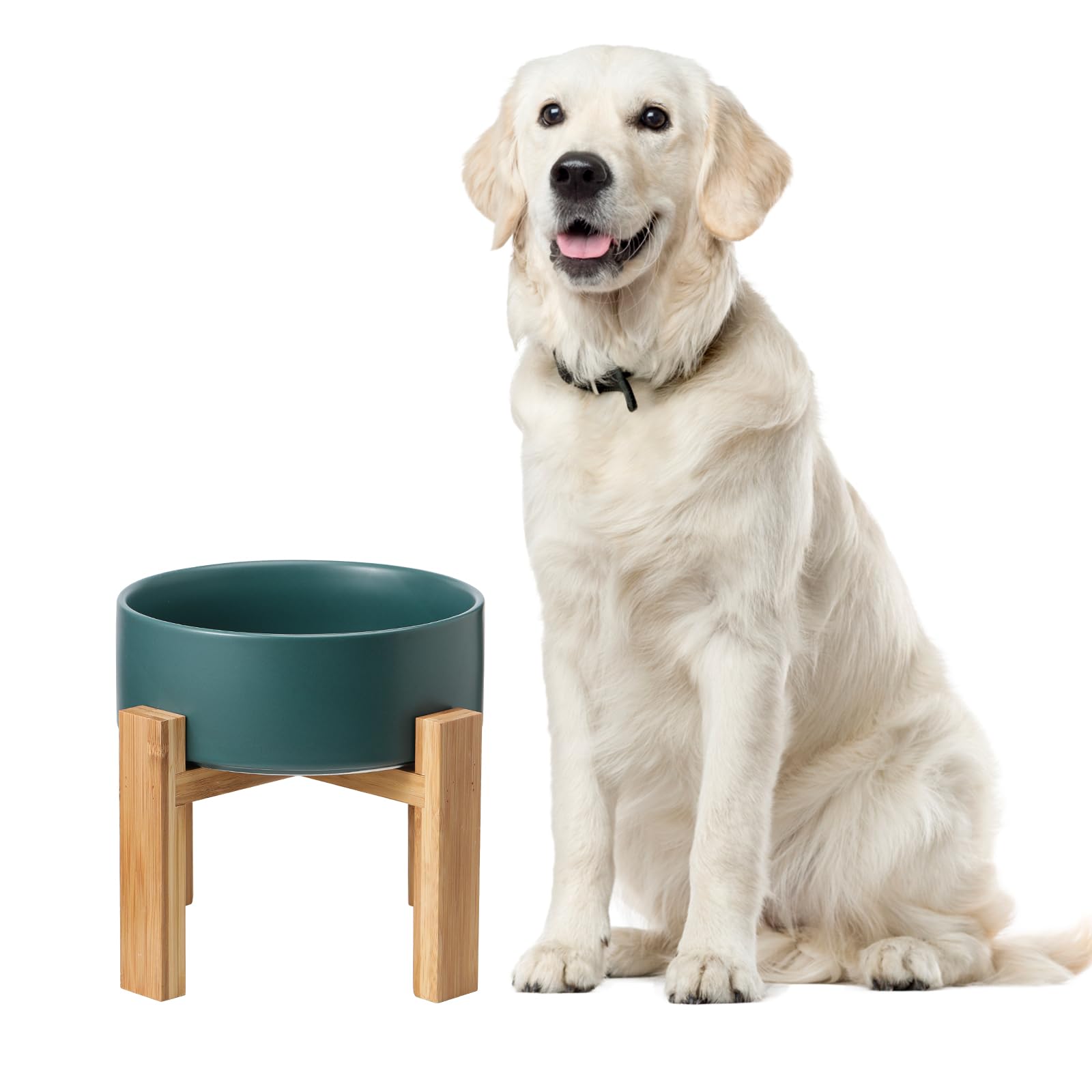 Elevated Ceramic Large Dog Bowl - Raised Dog Dish With Bamboo Stand - Heavy Weighted, No Tip Over, Comfortable Eating - 8.4'' Di