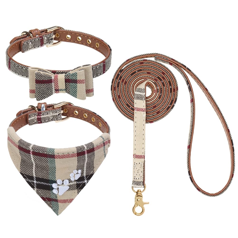 Expawlorer Dog Collar And Leash Set - Embroidered Pawprints Plaid With Bow Tie And Bandana, Adorable For Dogs Cats Outdoor Walki