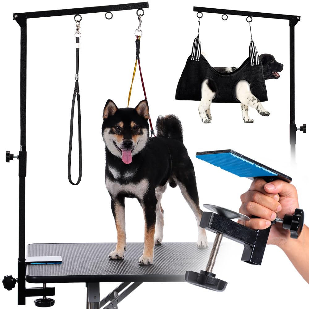 Dog Grooming Table Arm with Hammock - Adjustable Height, Pet Grooming Hammock, No Sit Haunch Holders, Loop Noose Heavy-Duty Clam