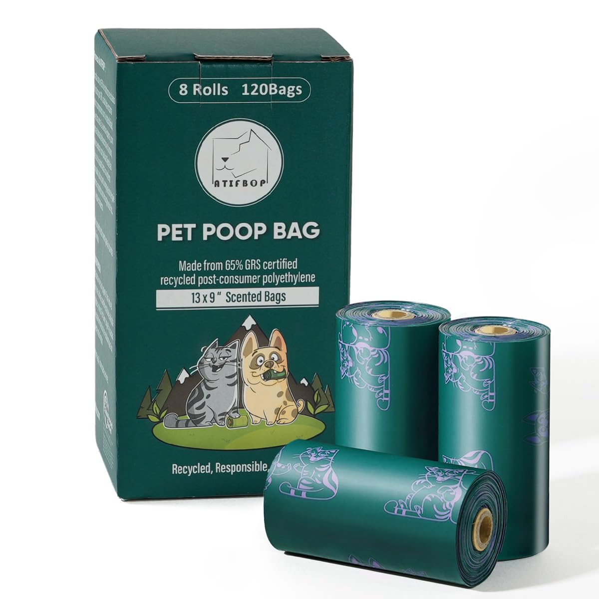 Atifbop Dog Poop Bags Rolls, Extra Thick And Leak-Proof Poop Bags For Dogs, 8 Refill Rolls, Scented Waste Bag For Dog And Cat, M