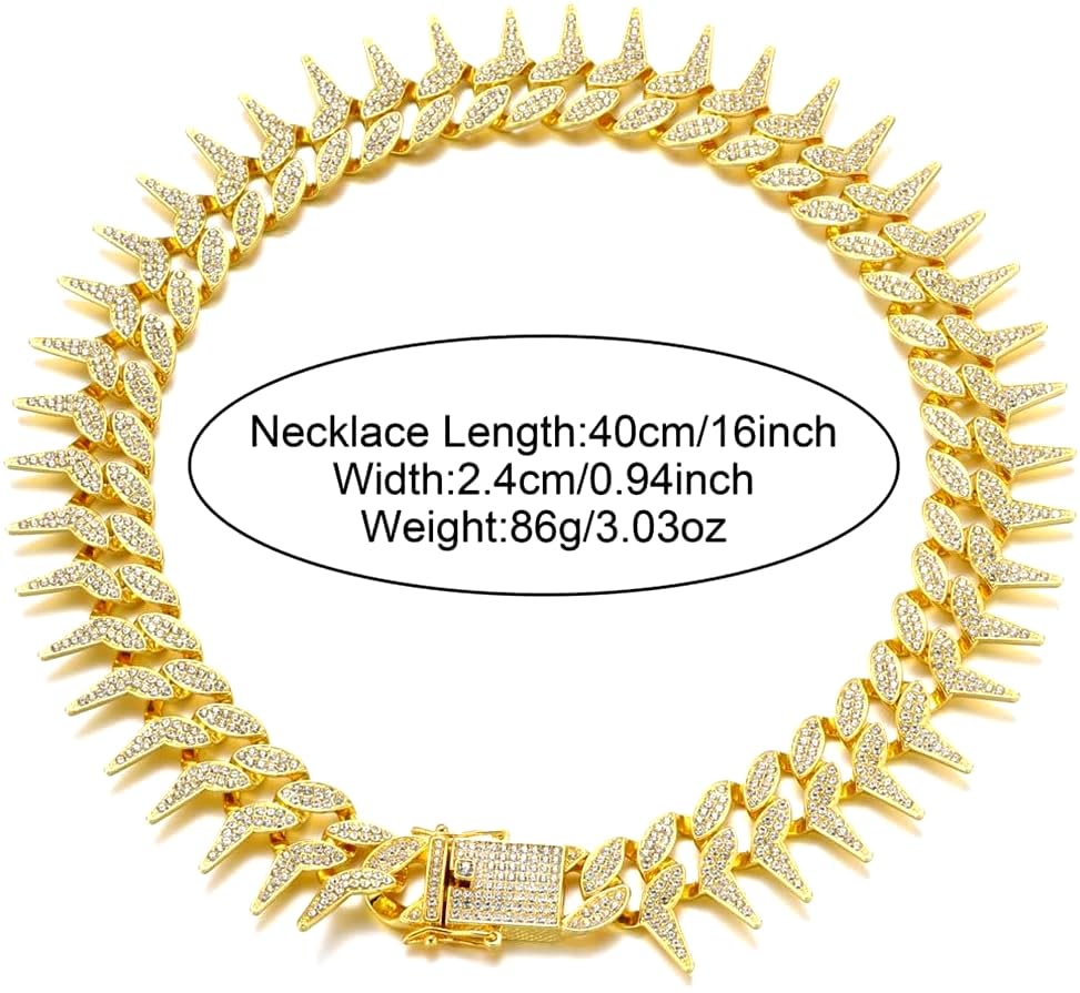 Pimaodog Dog Chain Collar, Side Spiked Style Necklace Bling Diamond Cuban Link Dog Collars Glitter Rhinestone Puppy Collar For F