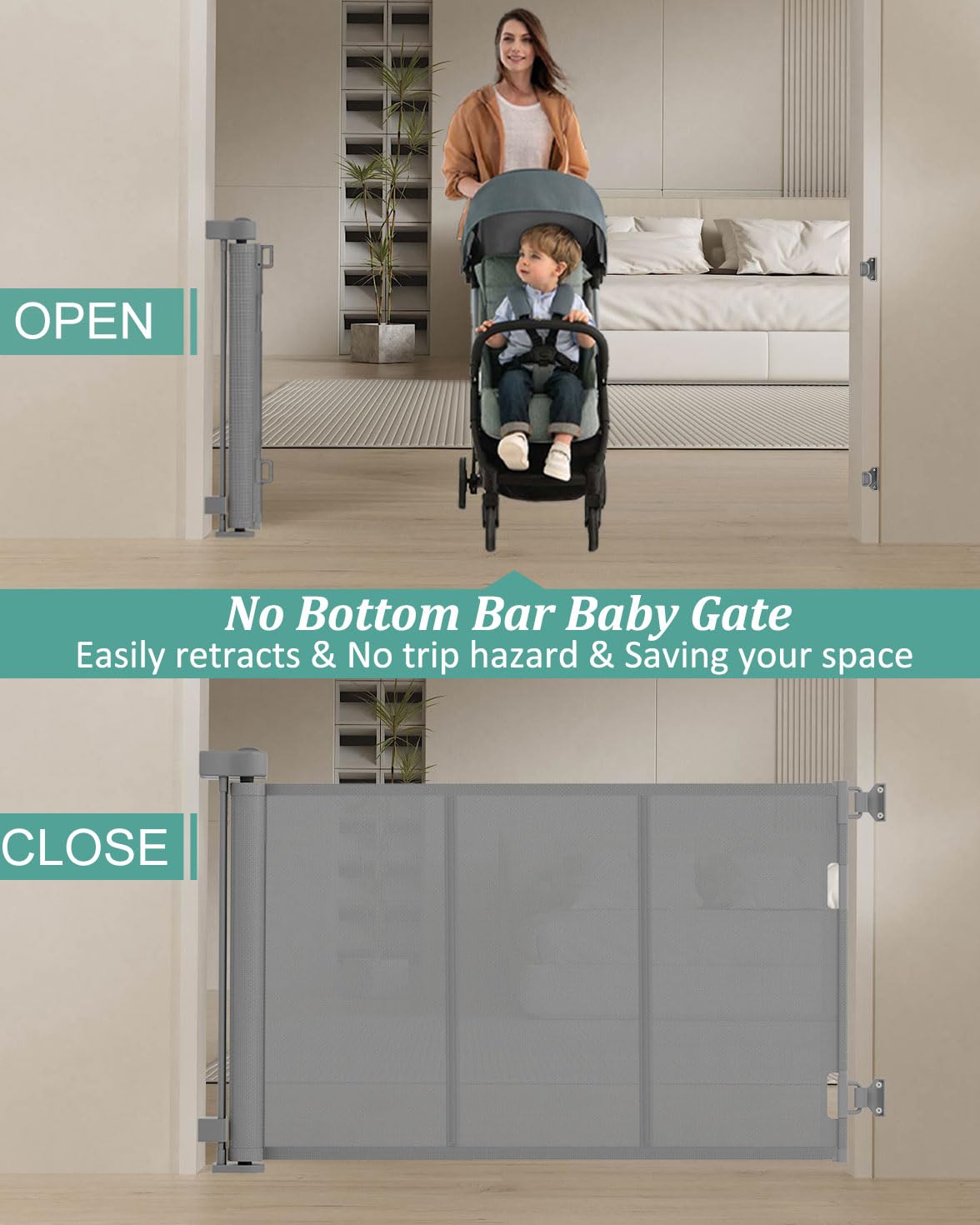 Miumoon Upgrade 71' Retractable Baby Gates With Reinforced Strip Design To Prevent Crawling Through, 42' Tall Retractable Gate For Baby And Pet, 6 Ft Baby Gates For Stairs, Doorways, Hallways(Gray)