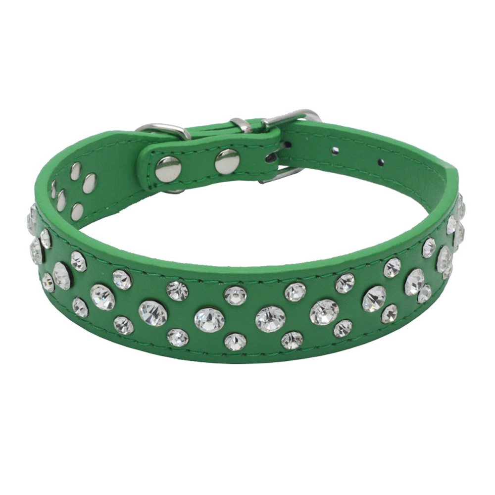 Dogs Kingdom 12-20 Length Personalized Rhinestone Leather Bling Crystal Pet Dog Cat Collars For Small Medium Breeds Green Xs