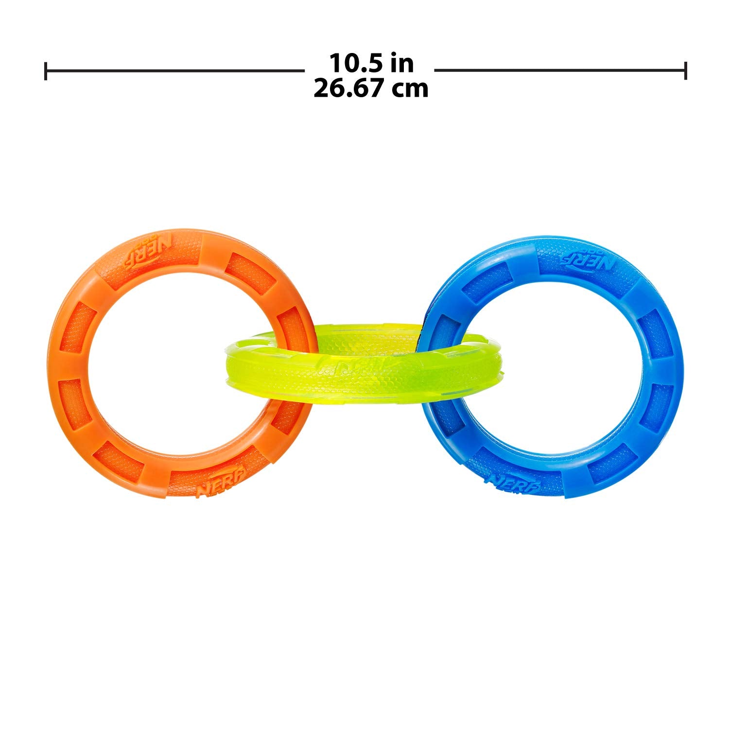 Nerf Dog 10.5In Rubber 3-Ring Tug Dog Toy, Lightweight, Durable And Water Resistant, Single Unit, Blue/Green/Orange