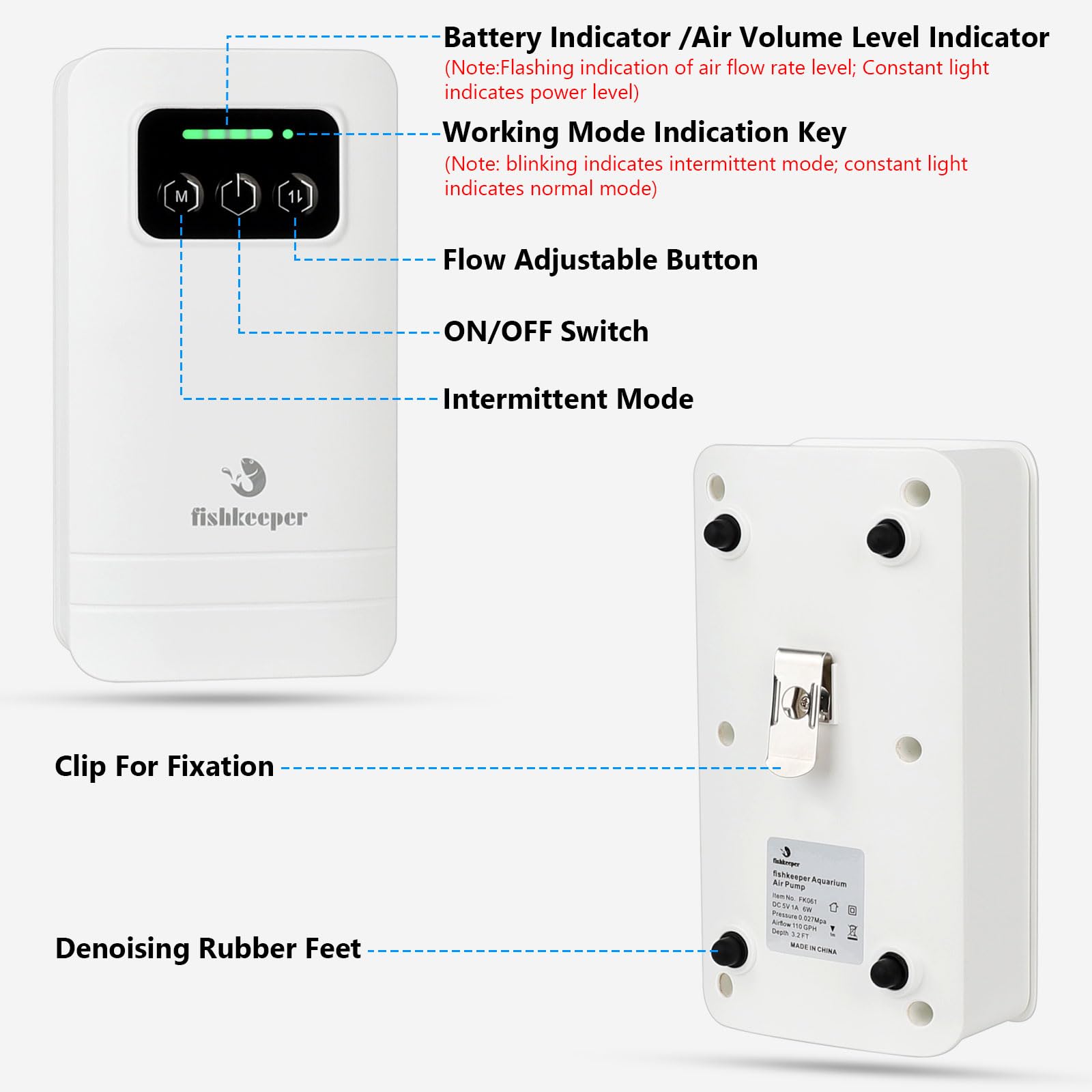 fishkeeper Battery Powered Aquarium Air Pump, USB Rechargeable Aerator Fish Tank Air Pump for 10-210 Gallons Portable Oxygen Pum