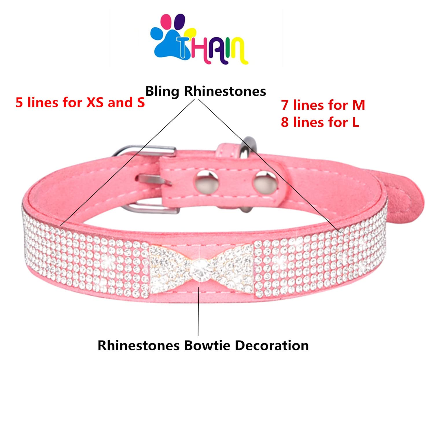 Thain Rhinestones Bling Dog Cat Collars Diamond With Rhinestone Bowtie Decoration For Small Medium Large Dogs (Xs, Pink)