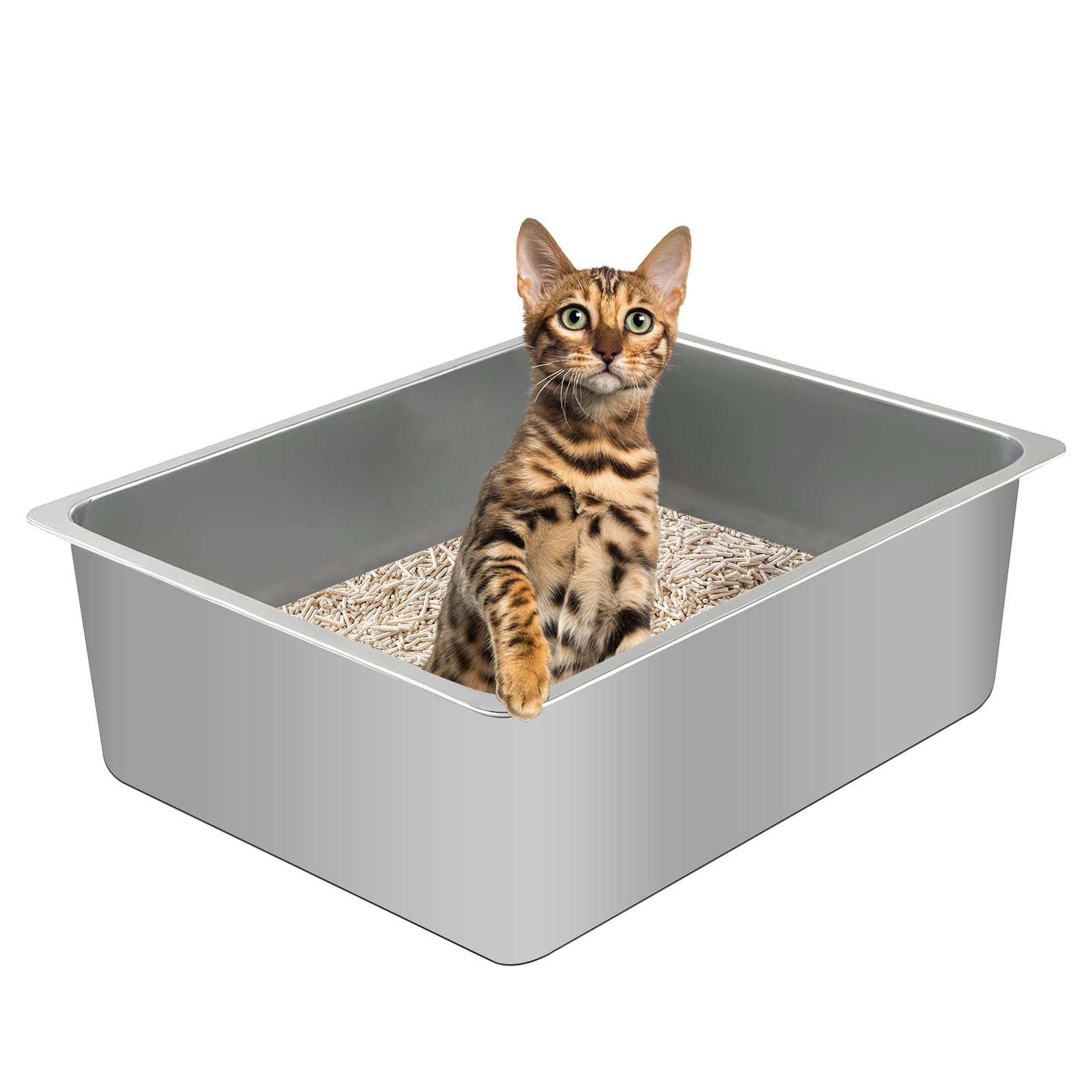 Stainless Steel Cat Litter Box, Metal High Sided Kitty Large Litter Box Pan,Non-Sticky, Easy to Clean, Pet Toilet Supplies for K