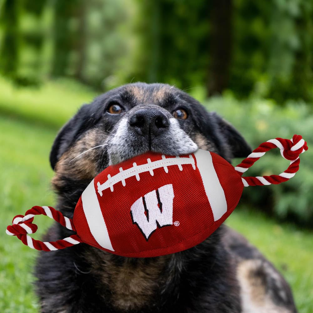 Pets First NCAA Wisconsin Badgers Football Dog Toy, Tough Quality Nylon Materials, Strong Pull Ropes, Inner Squeaker, Collegiate