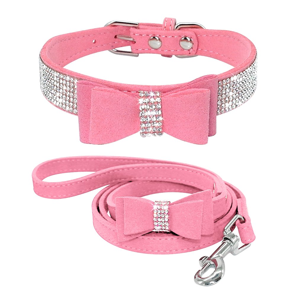 Beirui Rhinestone Bling Leather Dog Collar And Leash Set - Soft Flocking Sparkly Crystal Diamonds Studded - Cute Double Bowknot Collar With 4 Foot Leash For Pet Show,Pink,Neck Fit 10-12.5'