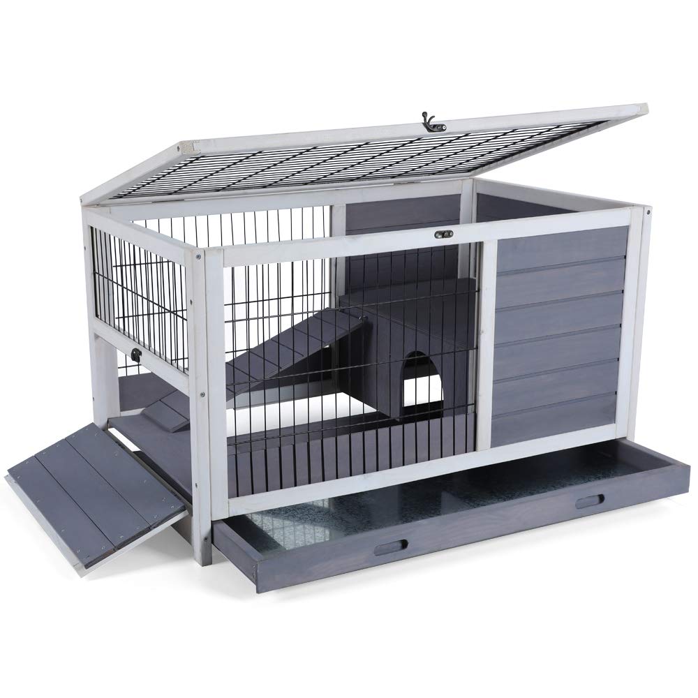 PETSFIT Guinea Pig House Leak Proof Design, Spruce Wood Rabbit Hutch with Bottom Net Hideout for Rest and Ramp for Enter and Out