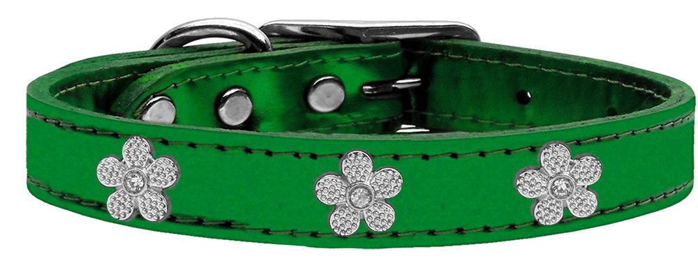 Mirage Pet Products Flower Widget Genuine Metallic Leather Dog Collar, Size 14, Emerald Green/Silver