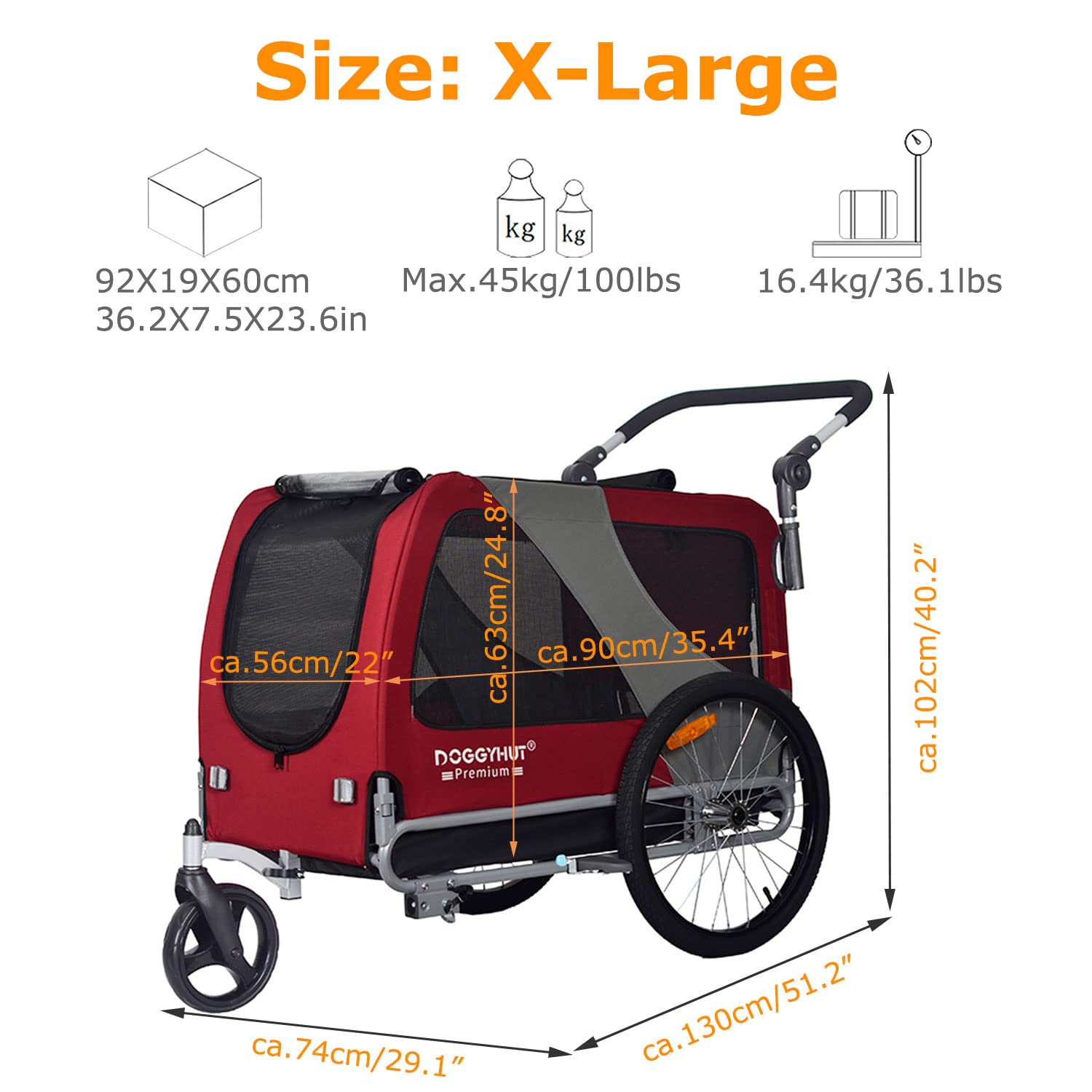 Doggyhut Premium Pet Bike Trailer & Stroller For Small,Medium Or Large Dogs,Bicycle Trailer For Dogs Up To 100 Lbs (Red, Xl)