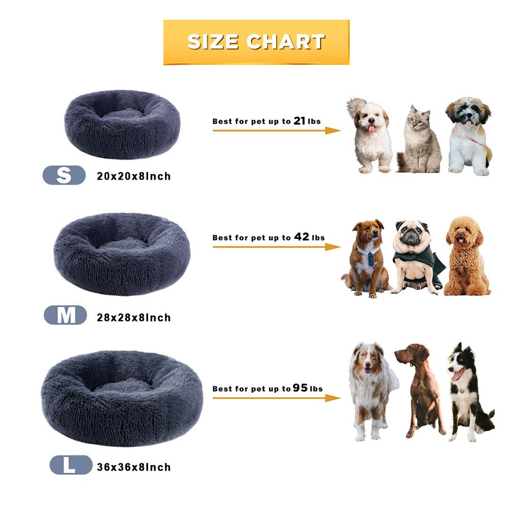 Calming Dog Bed For Medium And Large Dogs - Round Donut Washable Anti-Slip Faux Fur Fluffy Cuddle Anxiety Cat Bed (36'' Dark Gre