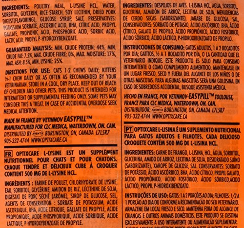 Optixcare 72-2 L-Lysine Chews For Cats & Kittens, 60 Count (Pack Of 1)