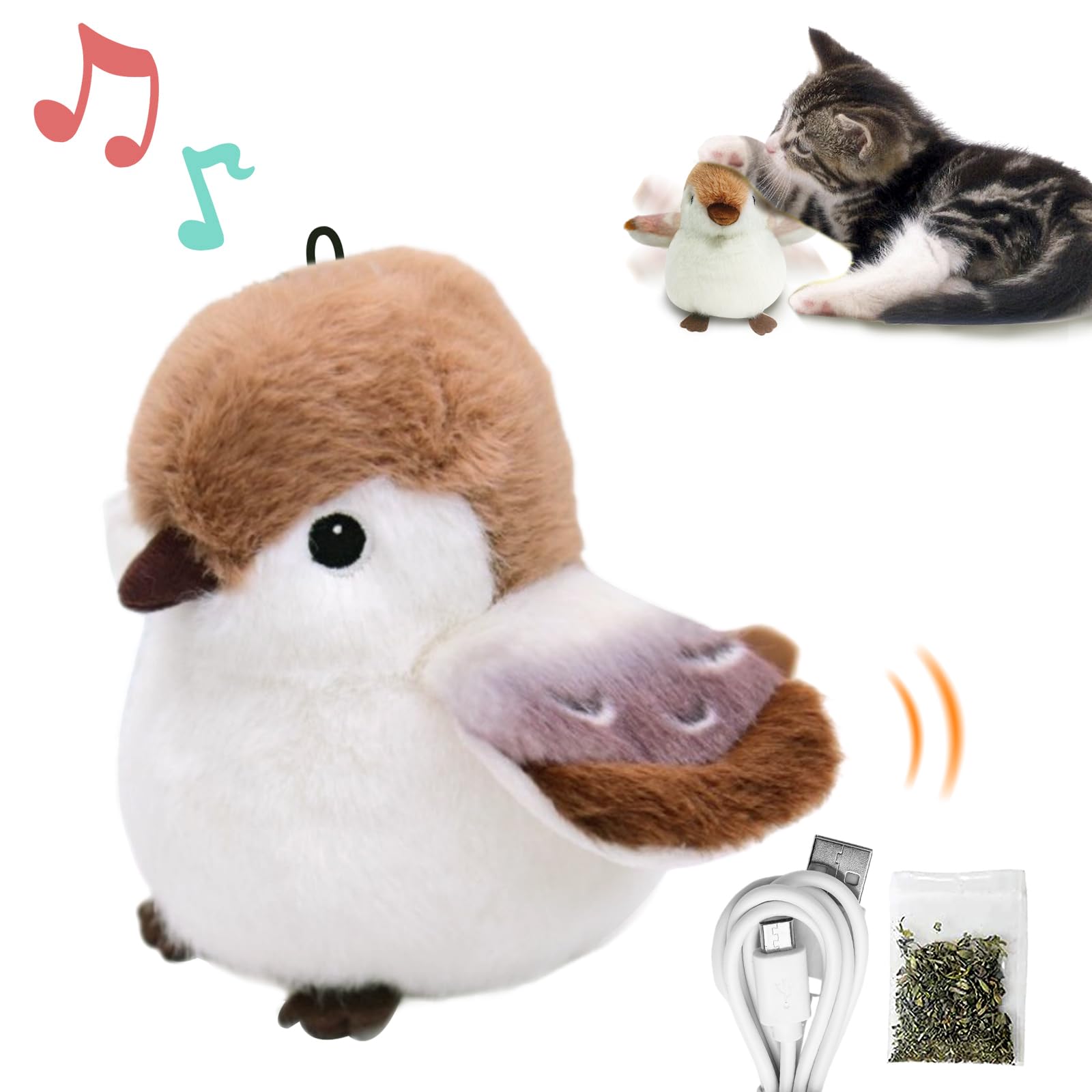 Buntyjoy Cat Toys, Flapping Wings Cute Sparrow, No Flying, Chirping Bird Interactive Catnip Toy For Kitten Or Small Dogs, Touch 