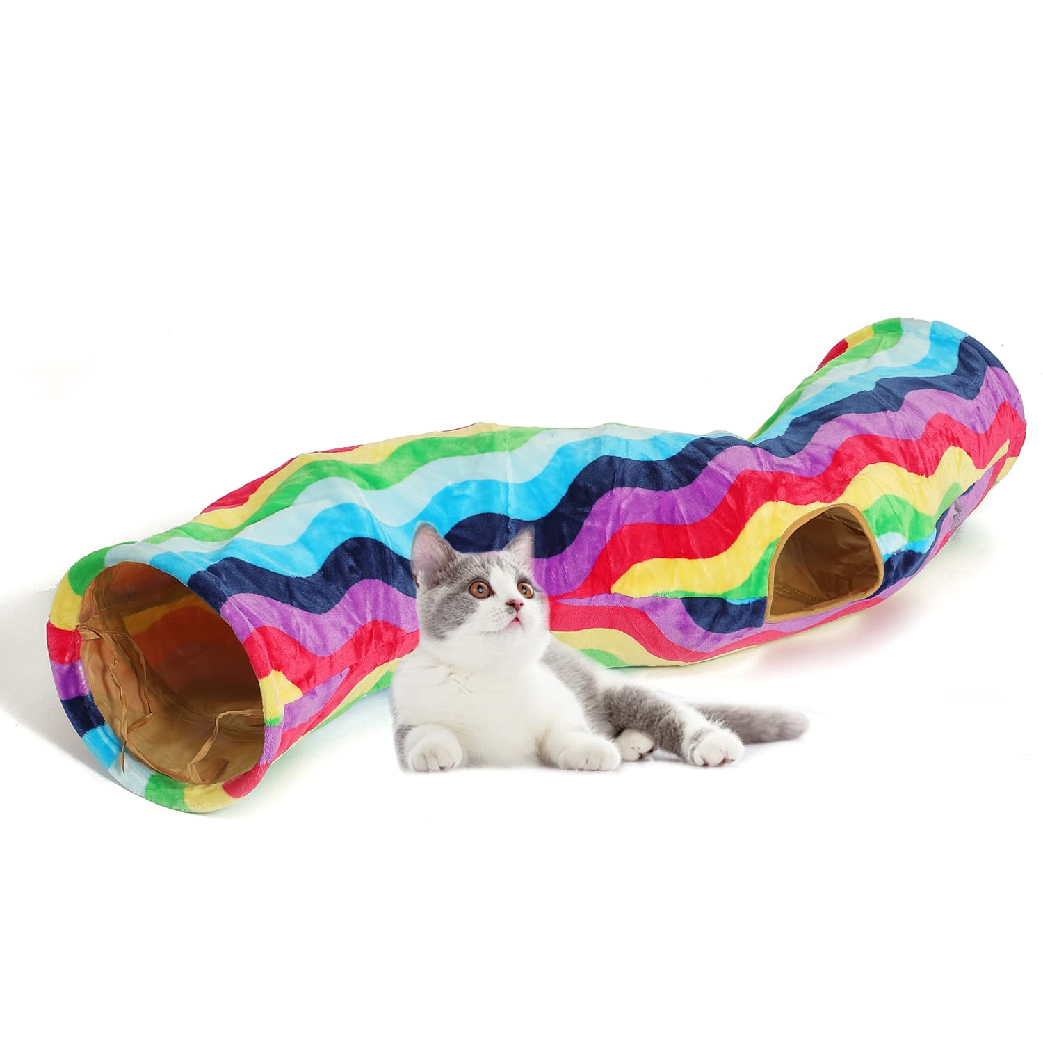 Luckitty Cat Tunnel - S-Shaped, Rainbow Wave Color, Soft Velvet Exterior, Oxford Fabric Fog-Proof Interior, Plush Toy Ball, Easi
