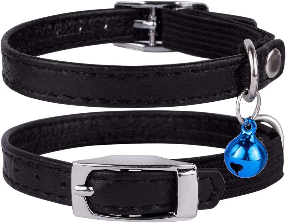 Collardirect Leather Cat Collar, Cat Safety Collar With Elastic Strap, Kitten Strap With Bell Black Blue Red Orange Lime Green (