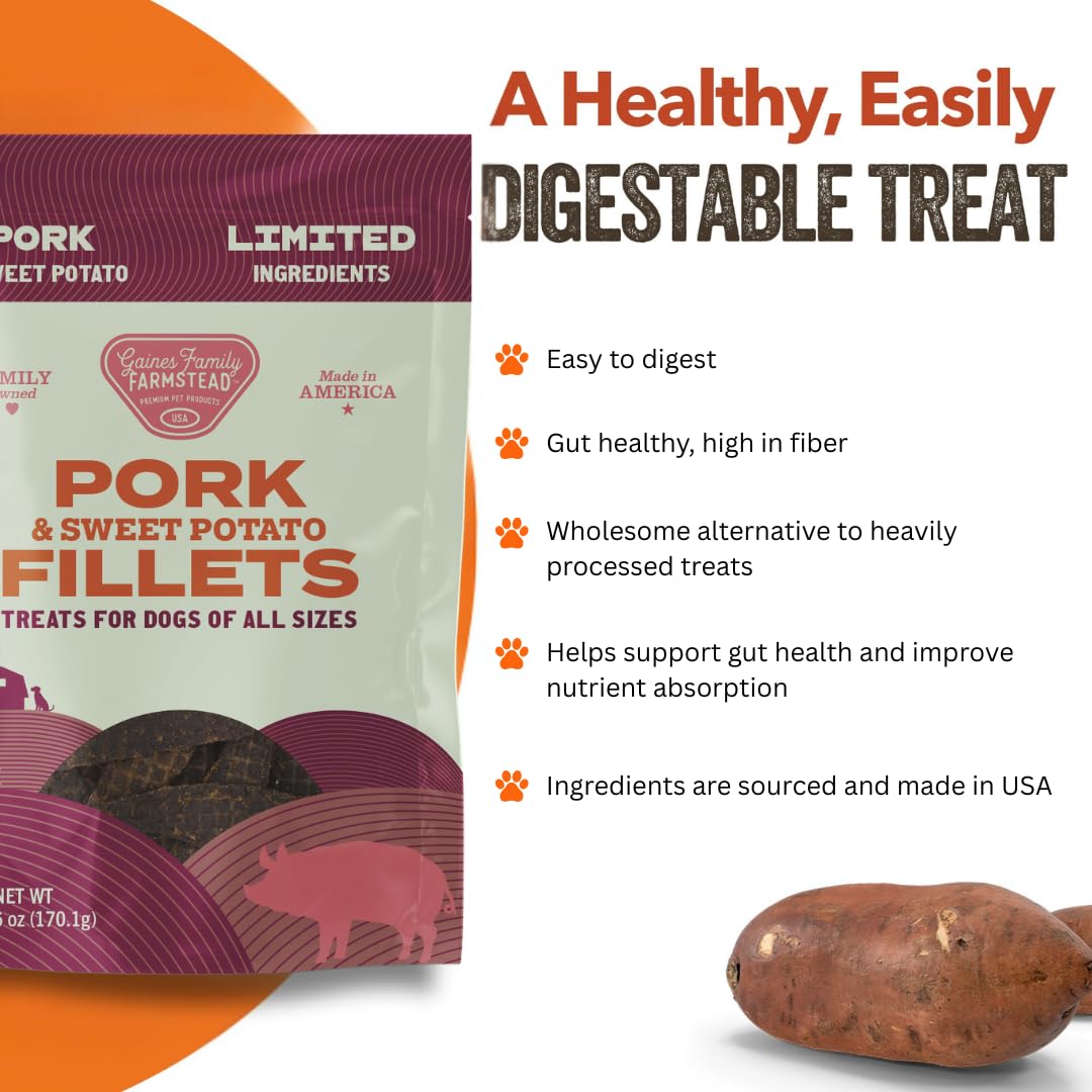 Gaines Family Farmstead Pork & Sweet Potato Fillets - Limited Ingredient, High Protein Dog Treats, Grain-Free, Made in USA, 6 oz