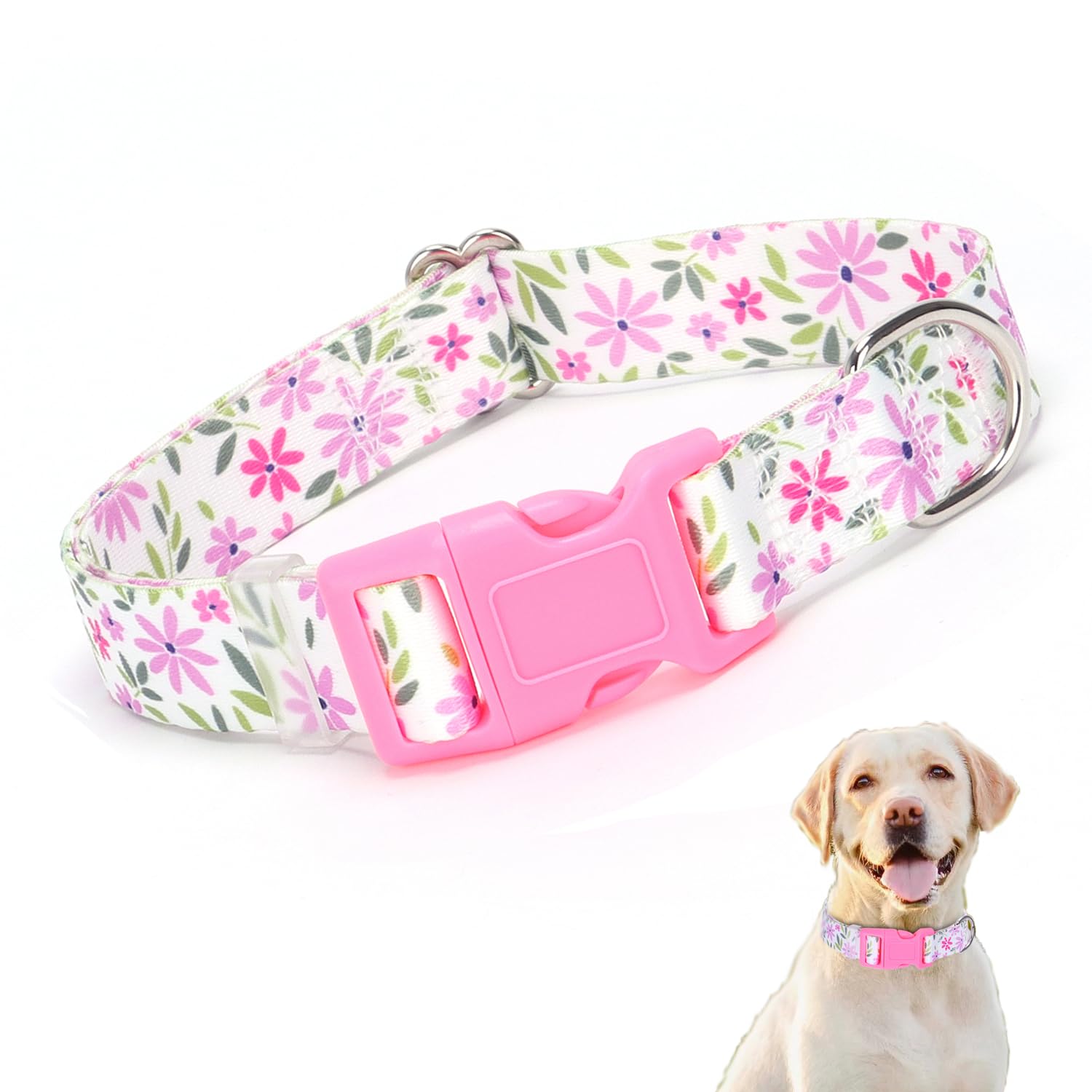 XL Dog Collars for Female, Pretty Flower Pattern Design Quick Release Buckle Soft Nylon Girl Dog Collars Adjustable for Small Me