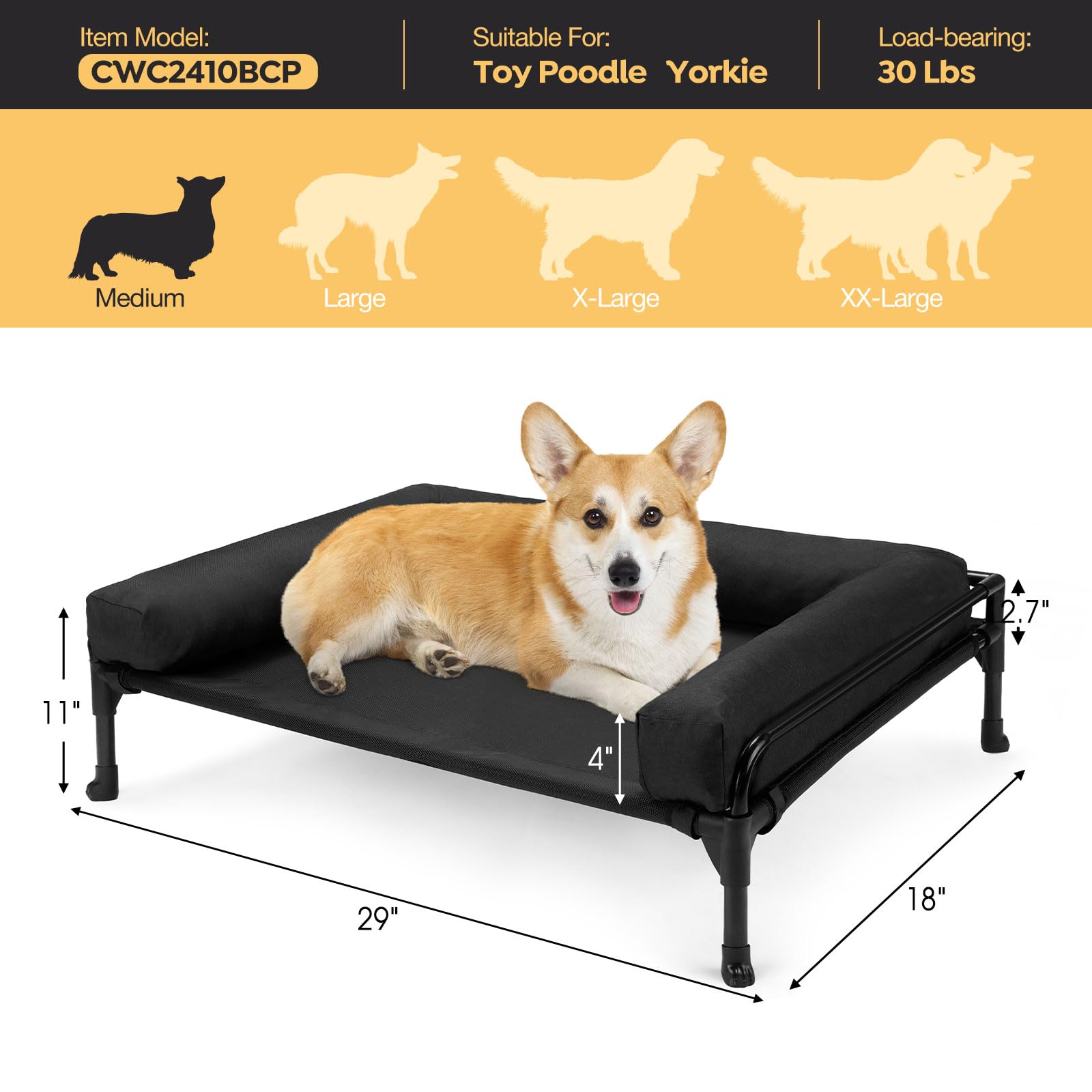 Veehoo Elevated Raised Dog Bed-Cooling Outdoor Dog Cot Bed For Medium Sized Dogs Three-Sided Fence Raised Pet Cot With Mesh & No