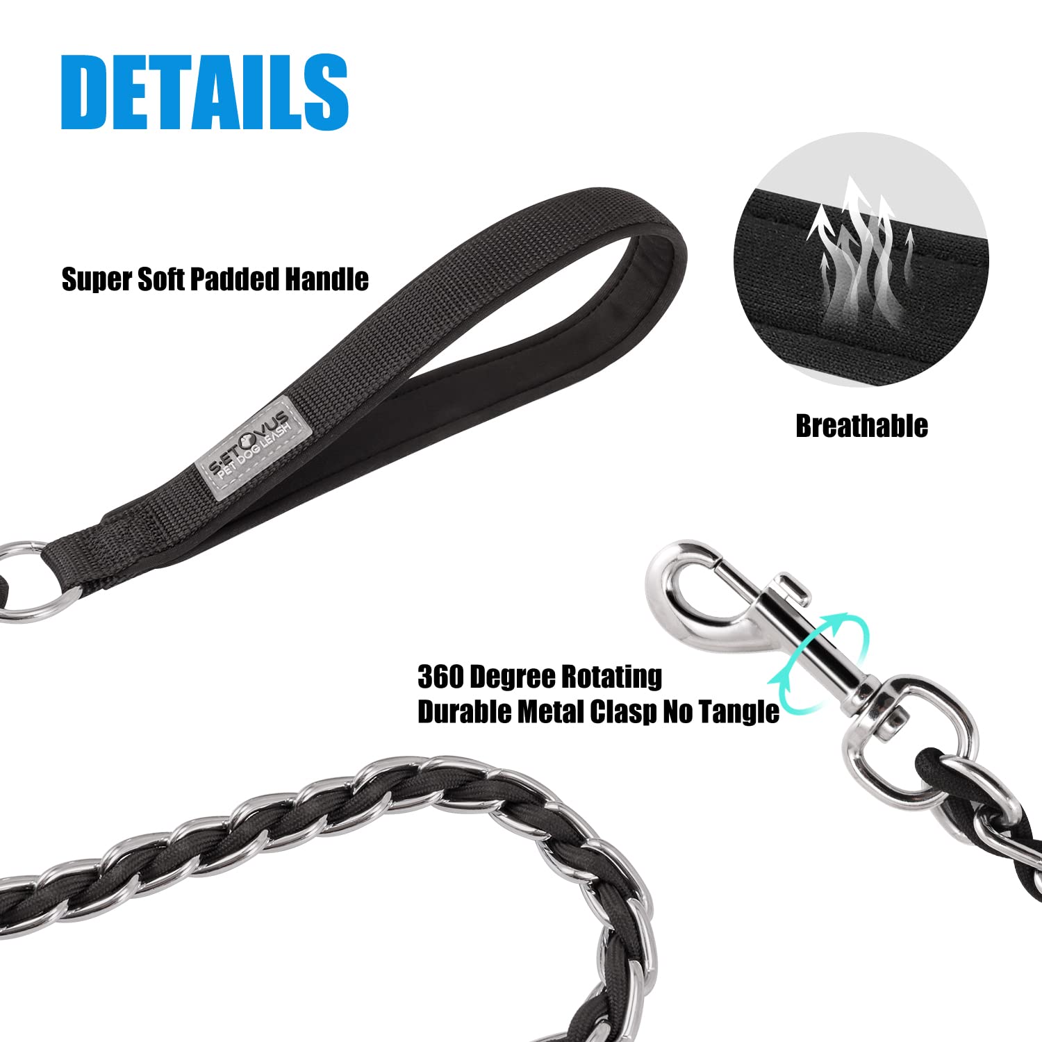 Chew Proof Metal Leash Chain Dog Leash For Medium Large Dogs, Chain Link Dog Leash Anti Chew 4Ft Strong Anti Bite Dog Leash Comfortable Soft Padded Handle Black