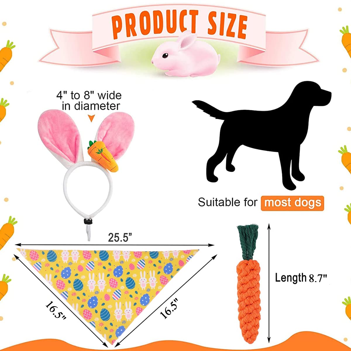 Dog Easter Bunny Costume, Pet Rabbit Ears Headband, Puppy Egg Bandana, Funny Carrot Dog Toy Set, Teeth Cleaning Chew Toys Gifts