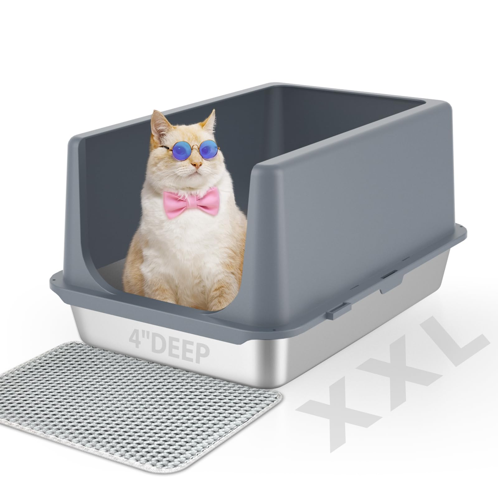 Lihong Stainless Steel Litter Box With Lid, Xl Metal Cat Litter Pan, Non-Sticky Large Kitty Box, Anti-Leakage, 23.5' X 15.6' X