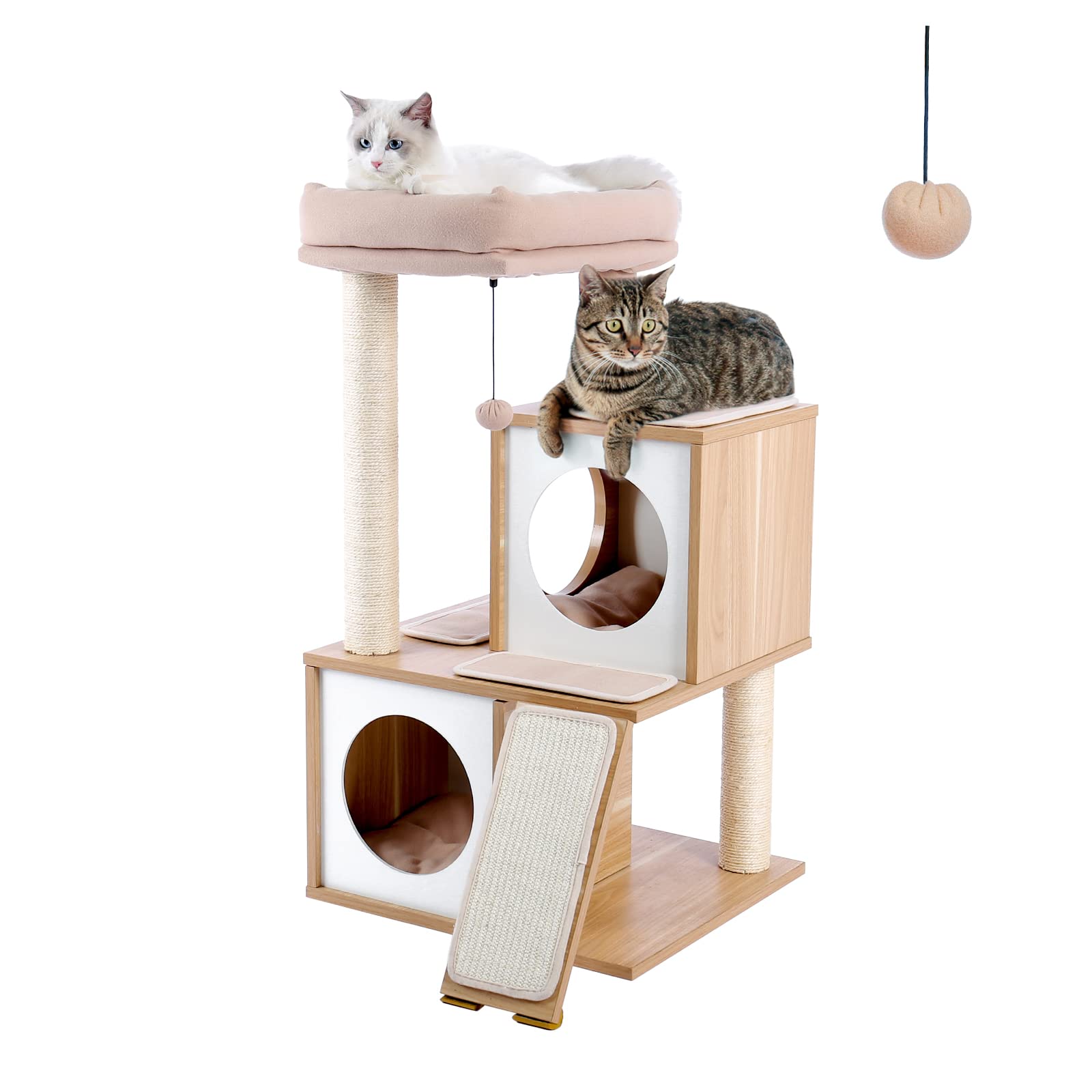 Pawz Road Cat Tree 35 Inches Wooden Cat Tower With Double Condos, Spacious Perch, Fully Wrapped Scratching Sisal Posts And Repla