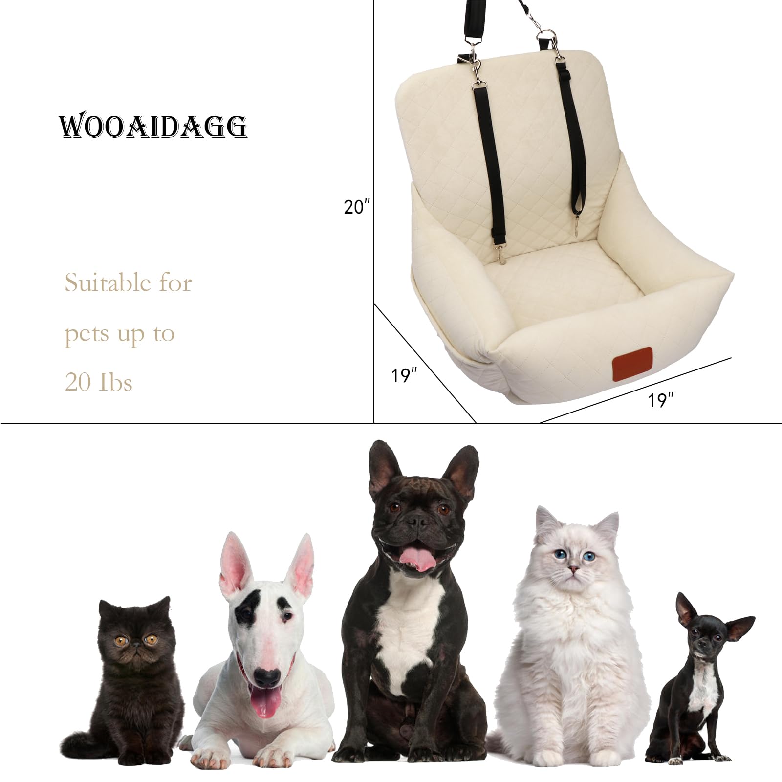 WOOAIDAGG Dog Car Seat for Small Dogs,Ultra-Soft Fabric,2 Storage Pockets & Safety Leash,Adjustable Straps,Easy to Install,Fully