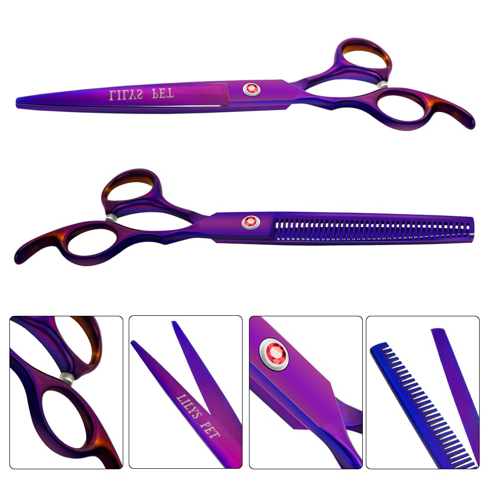Lilys Pet Professional Pet Dog Grooming Coated Titanium Scissors Suit Cutting&Curved&Thinning Shears (7.5 Inches, Purple)…