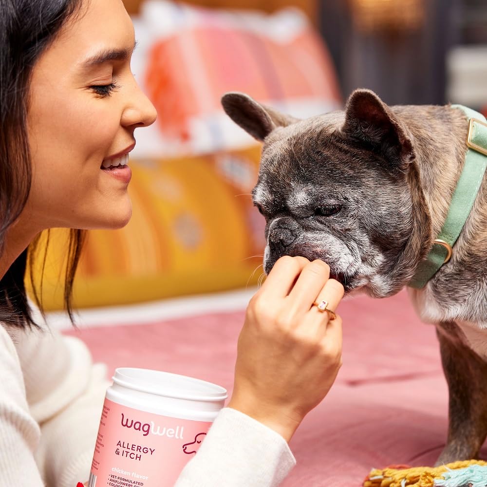 WagWell Allergy and Itch Chews - Chicken Flavored - Plant Based with Colostrum and Spirulina - Dog Skin and Coat Supplement for