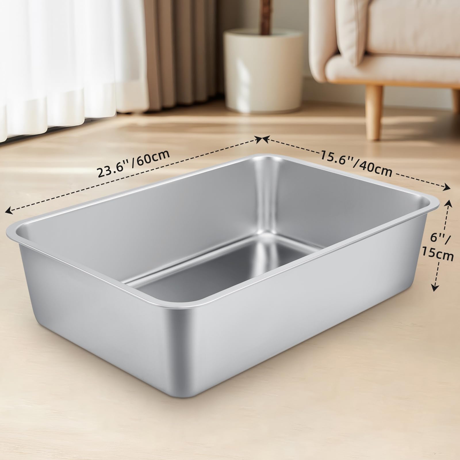 Extra Large Stainless Steel Cat Litter Box For Large Cats - 23.6''X15.6''X6'' High-Sided Metal Tray, Anti-Splash & Odor Resistan