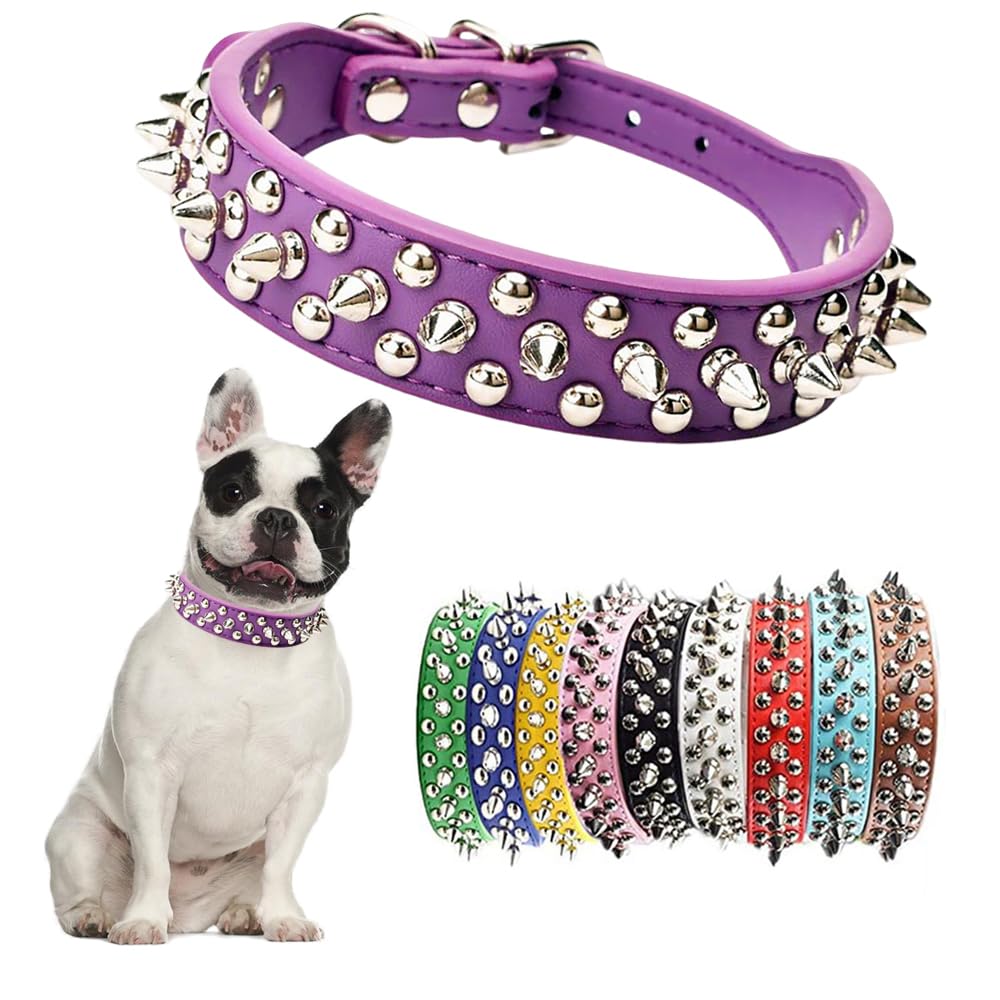 Purple Spiked Dog Collar For Medium Dogs,Mushroom Rivet Spike Puppy Collars Girls Boys Leather Studded Cat Collar Metal Buckle D