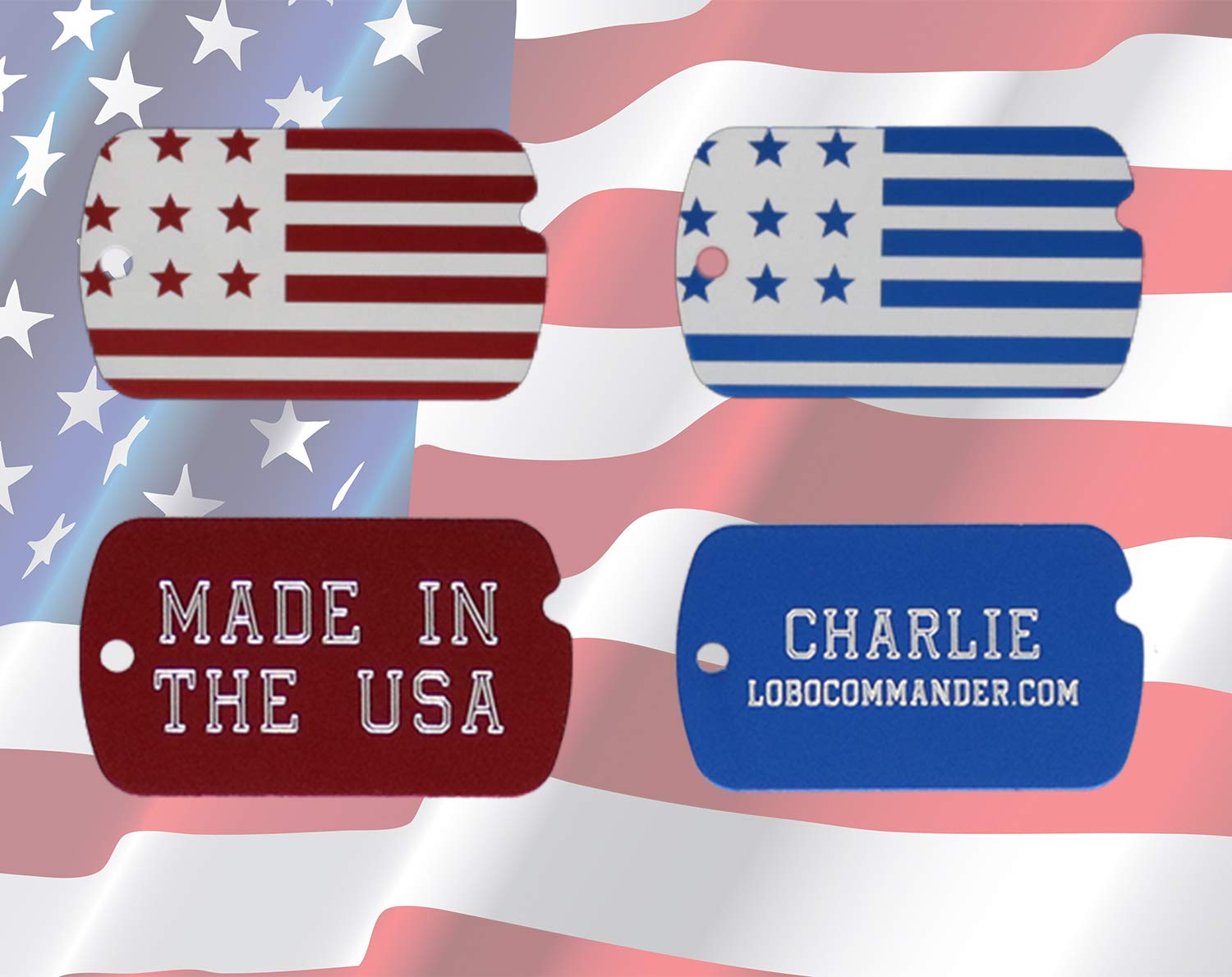 Lobo Commander Custom Engraved Patriotic American Flag Id Tags For Dogs & Cats - Personalized With Up To Five Lines Of Text - Al