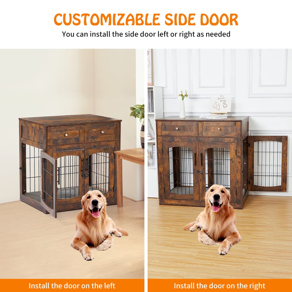 Rustic Brown Dog Crate Furniture Table with 2 Drawers & 3 Doors - Indoor Dog Kennel & House - Side End Table - 39.4 L