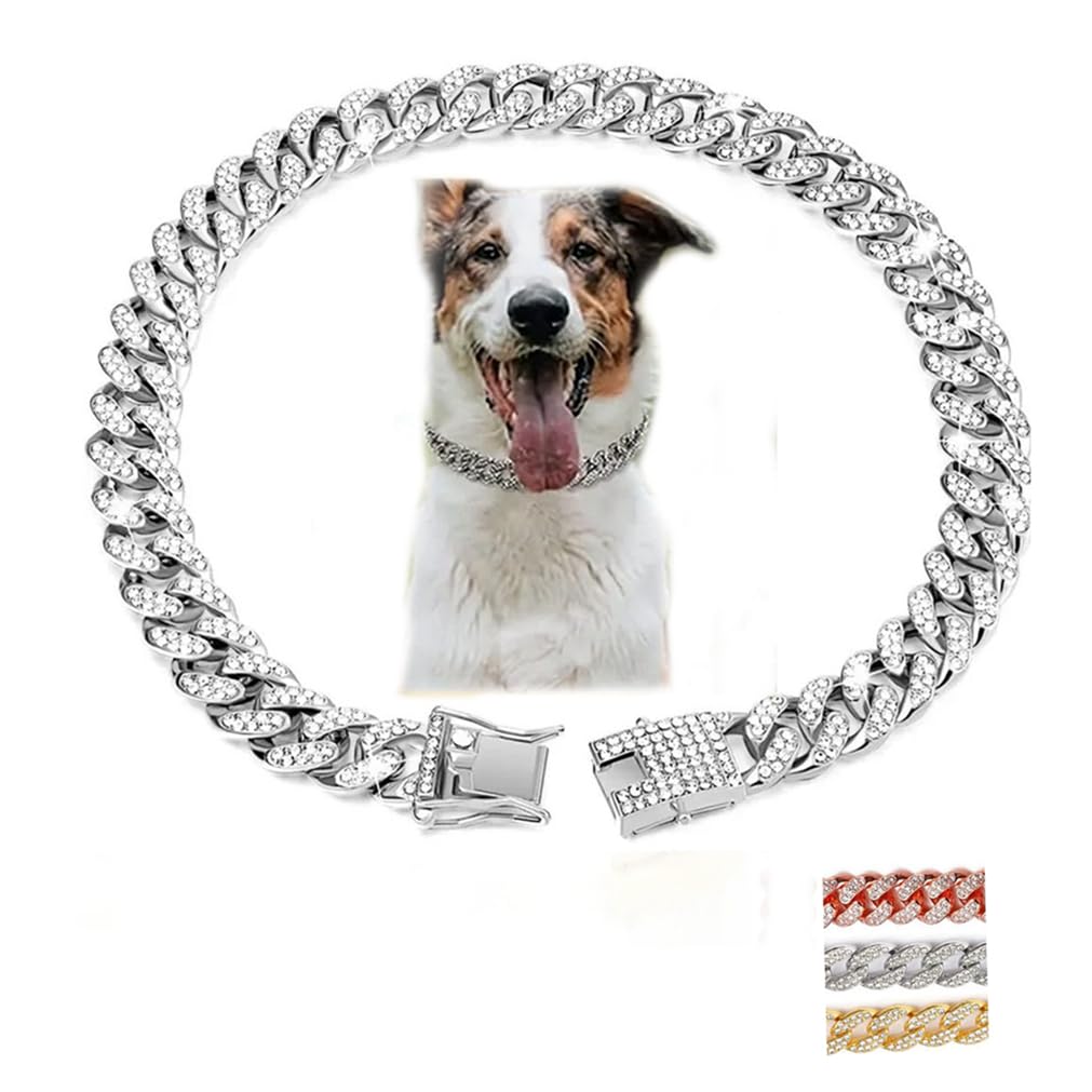 Silver Dog Necklace For Large Dogs, Dog Chain Cuban Link Dog Collar Diamond Necklace Metal 13Mm Wide Pet Jewelry For Puppy Small