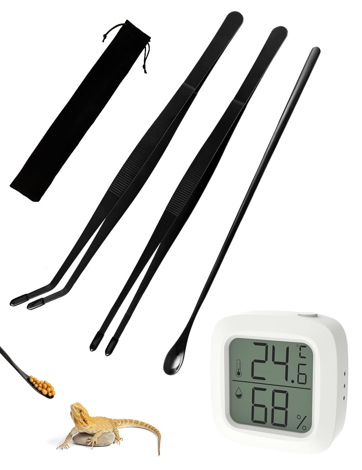 4Pcs Reptile Thermometer And Humidity Gauge, 11.8-Inch Reptile Feeding Tongs With Rubber Tips, Digital Thermometer For Reptile T