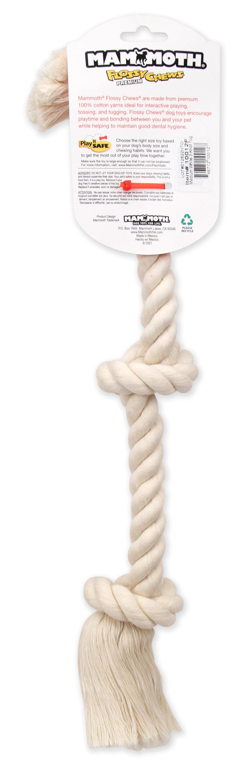 Mammoth Flossy Chews 100 Percent Natural Cotton Rope Dog Toys - Premium White Knot Dog Rope Toy - Interactive Dog Tug Toy - Tug Dog Chew Toy For Small To Medium Dogs - Medium 20'