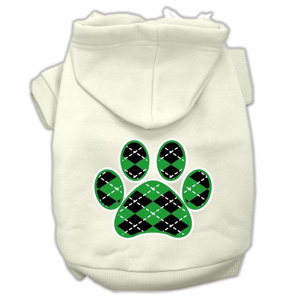 Pet Dog & Cat Hoodie Screen Printed, 'Green Argyle Paw' Cream Lg (10-14 Lbs.)