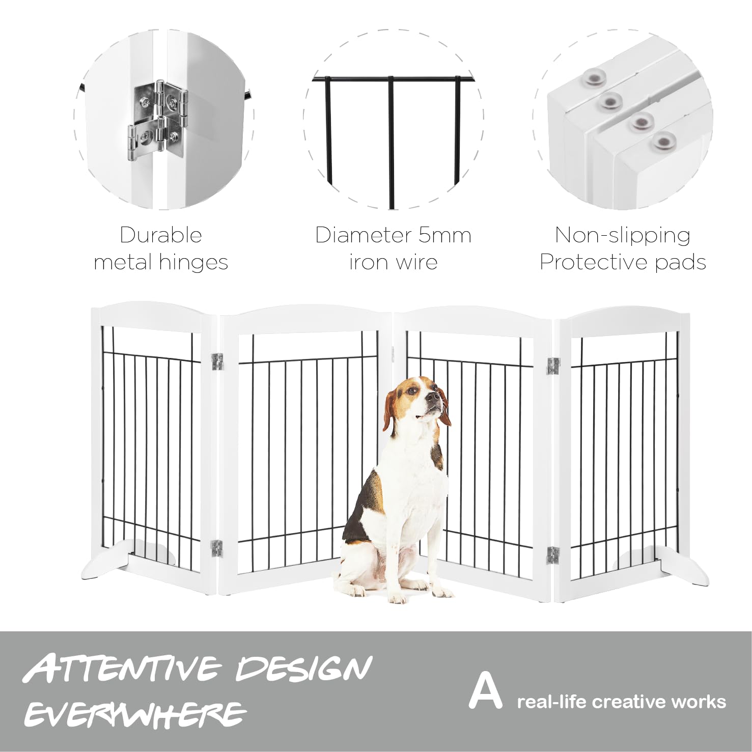 Pawland Extra Wide Dog Gate For The House, Doorway, Stairs, Dog Fences Indoor, Freestanding Foldable Wooden Pet Gates For Dogs, Set Of Support Feet Included, 96 In Wide 30 In Tall, 4 Panels White