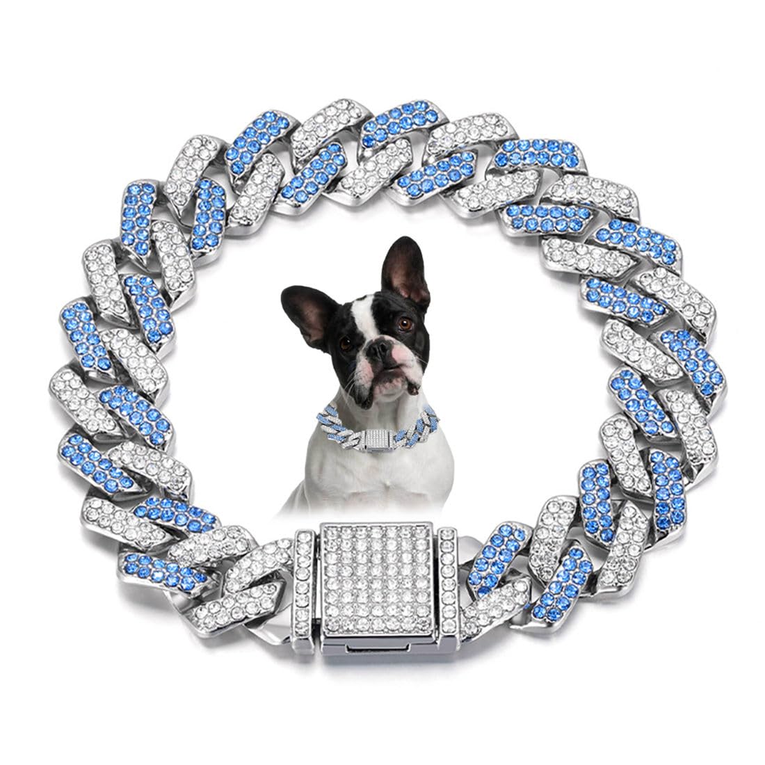 Blue Dog Necklace Collar, Bling Cuban Link Diamond Dog Collars Glitter Rhinestone Puppy Chain For For Small Medium Large Pet Dog