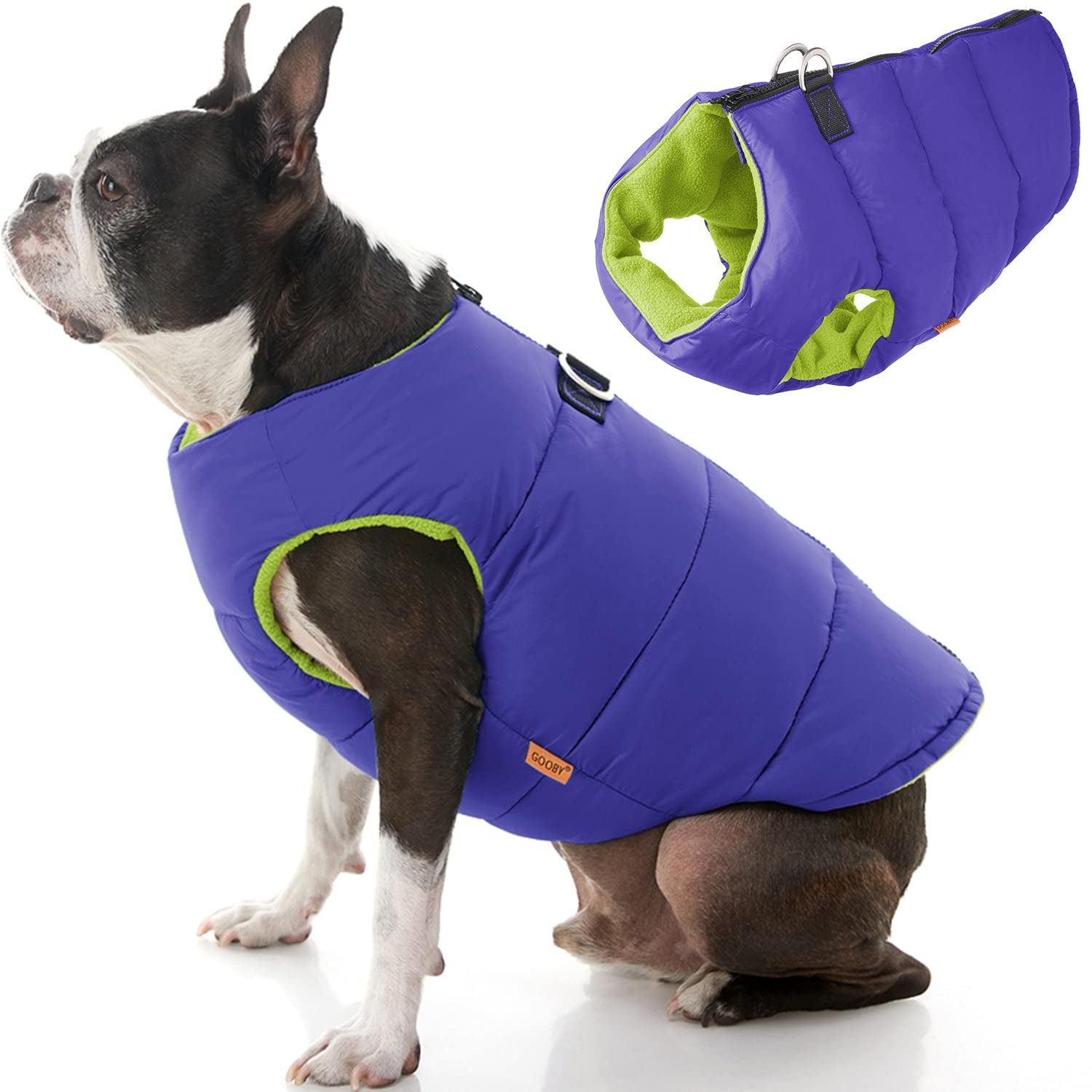 Gooby Padded Vest Dog Jacket - Solid Purple, Small - Warm Zip Up Dog Vest Fleece Jacket With Dual D Ring Leash - Water Resistant Small Dog Sweater - Dog Clothes For Small Dogs Boy And Medium Dogs