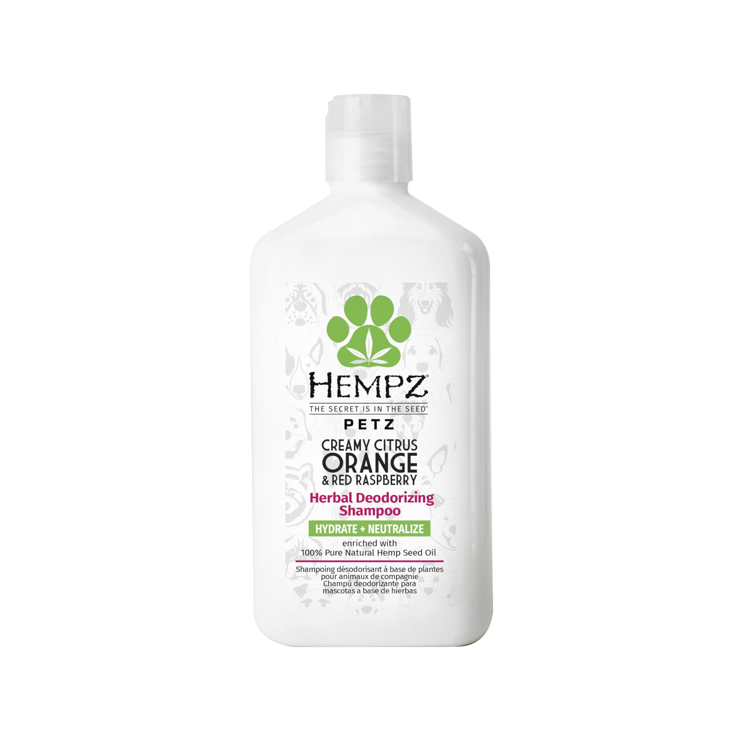 Hempz Petz Dog Shampoo, Creamy Citrus Orange & Red Raspberry Herbal Deodorizing Cleanser, 17 Oz.