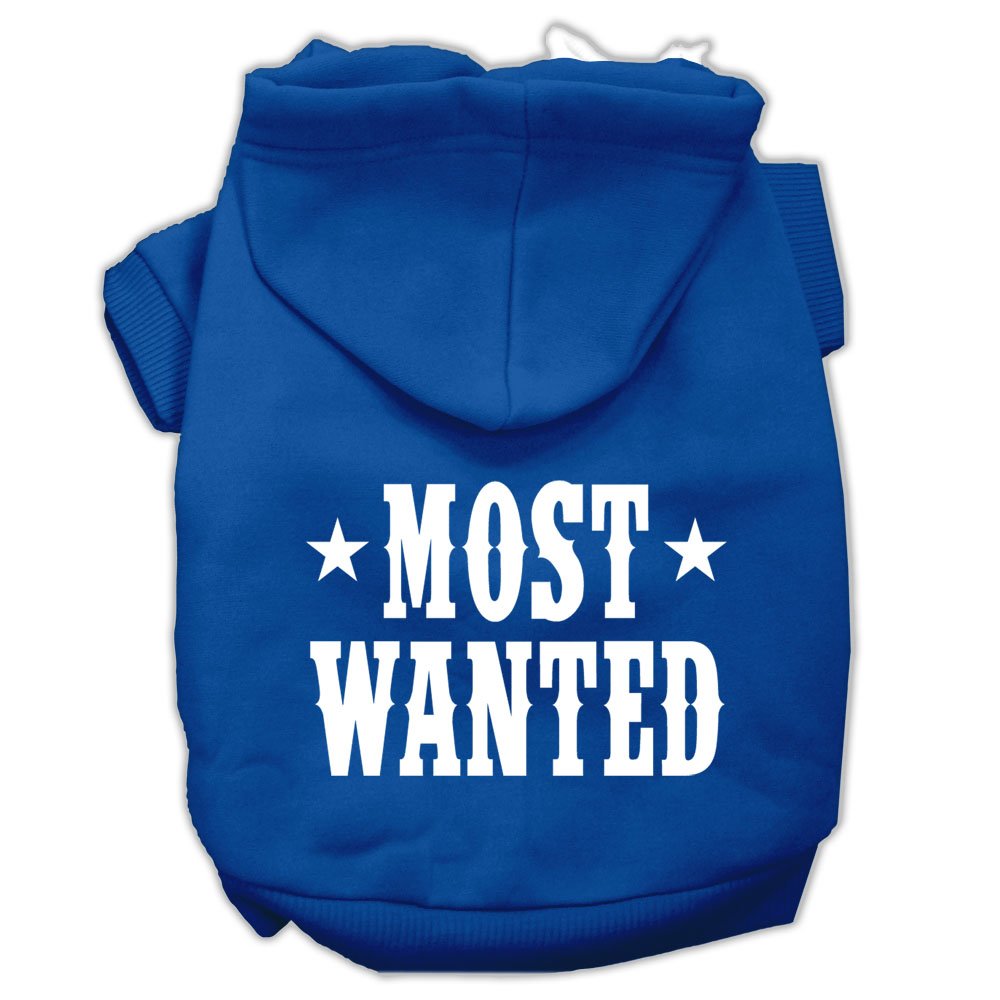 Pet Dog & Cat Hoodie Screen Printed, 'Most Wanted' Blue Xs (0-3 Lbs.)