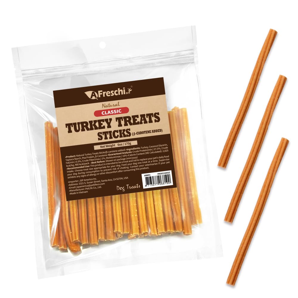 Afreschi Turkey -Carotene Stick Dog Treats - 6 oz, USA-Sourced Trukey, All-Natural, Hypoallergenic, Low-Fat, Healthy & Easily Di
