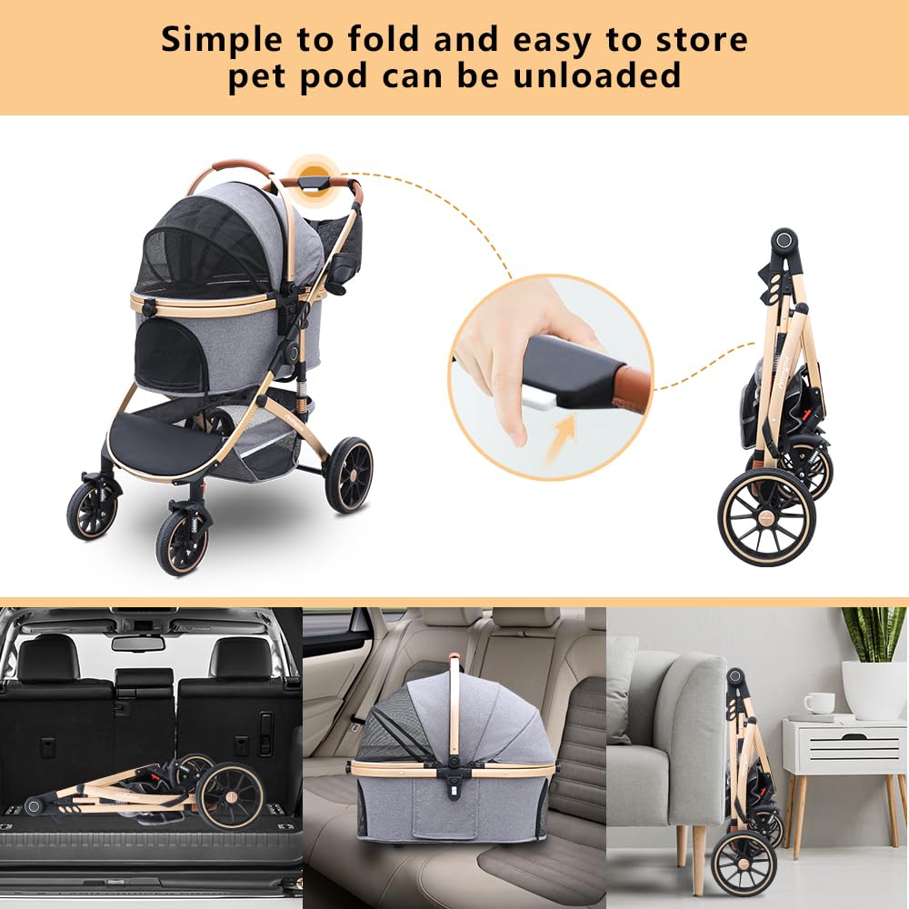 Pettingzoo Dog Stroller With 4 Wheels, Folding Cat Stroller For Small/Medium/Large Dogs & Cats To 60 Lbs, Pet Stroller With Remo