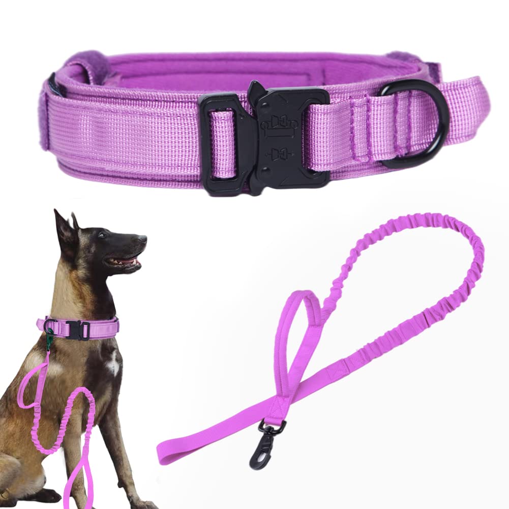 Tactical Dog Collar And Leash Set Tactical Dog Collar With Handle Bungee Leash Adjustable Military Training Nylon Collar Dog Training Collar Leash Set With Control Handleand Metal Buckle (Purple Xxl