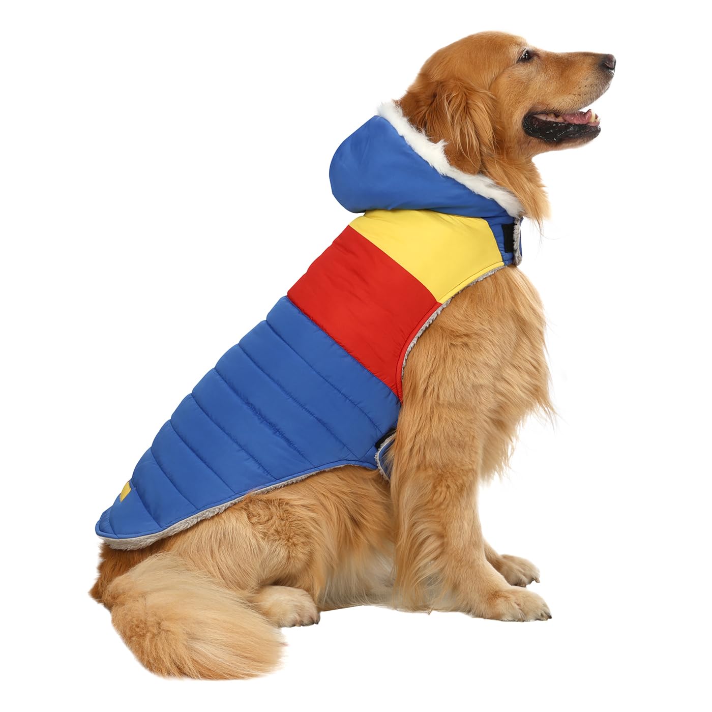 Hde Dog Puffer Jacket Fleece Lined Warm Dog Parka Winter Coat With Harness Hole 90S Colorblock - L