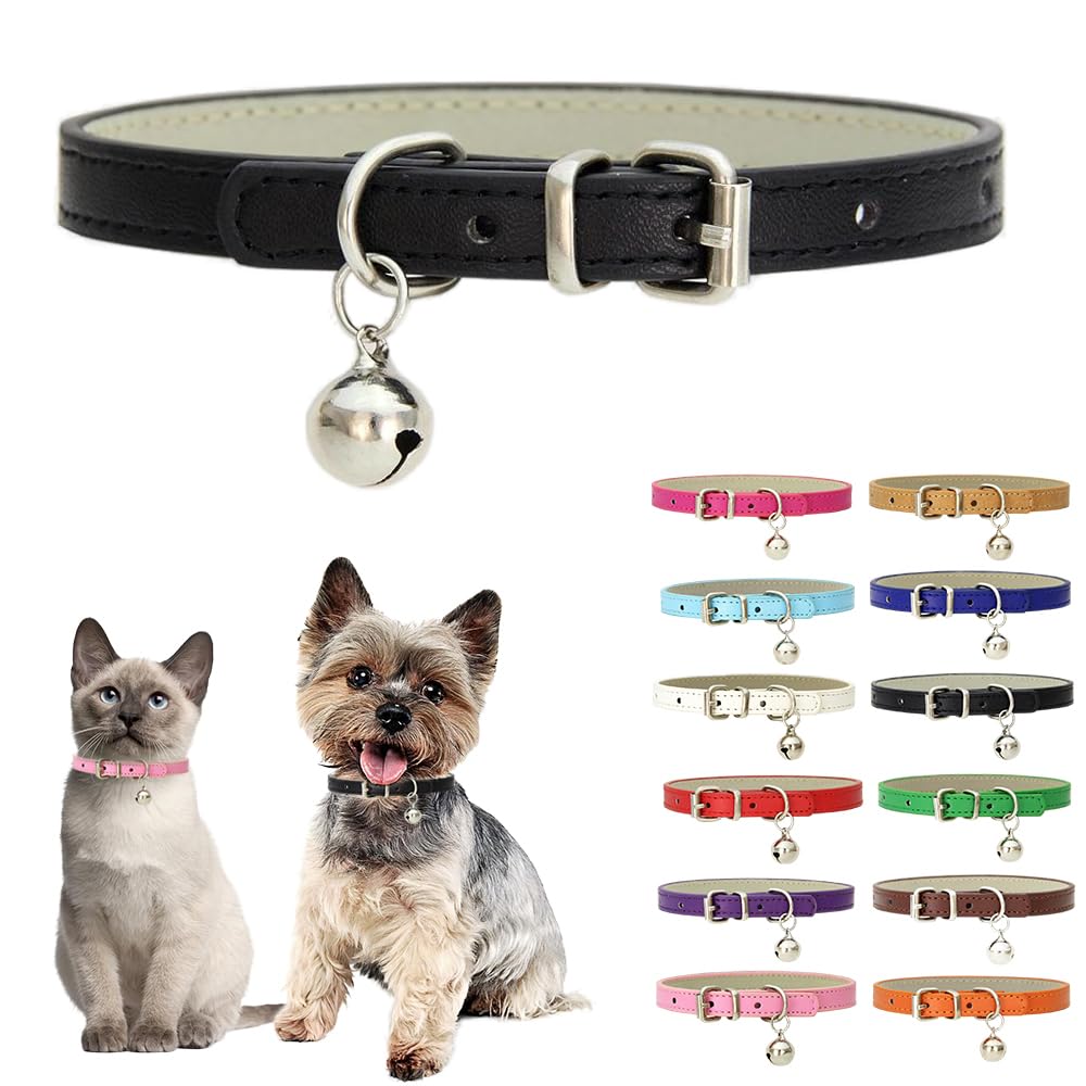 Black Xxs Dog Collar With Bell,Soft Pu Leather Female Puppy Collar With Bells Basic Girls Cat Collar With Bells For Xxs Xsmall S