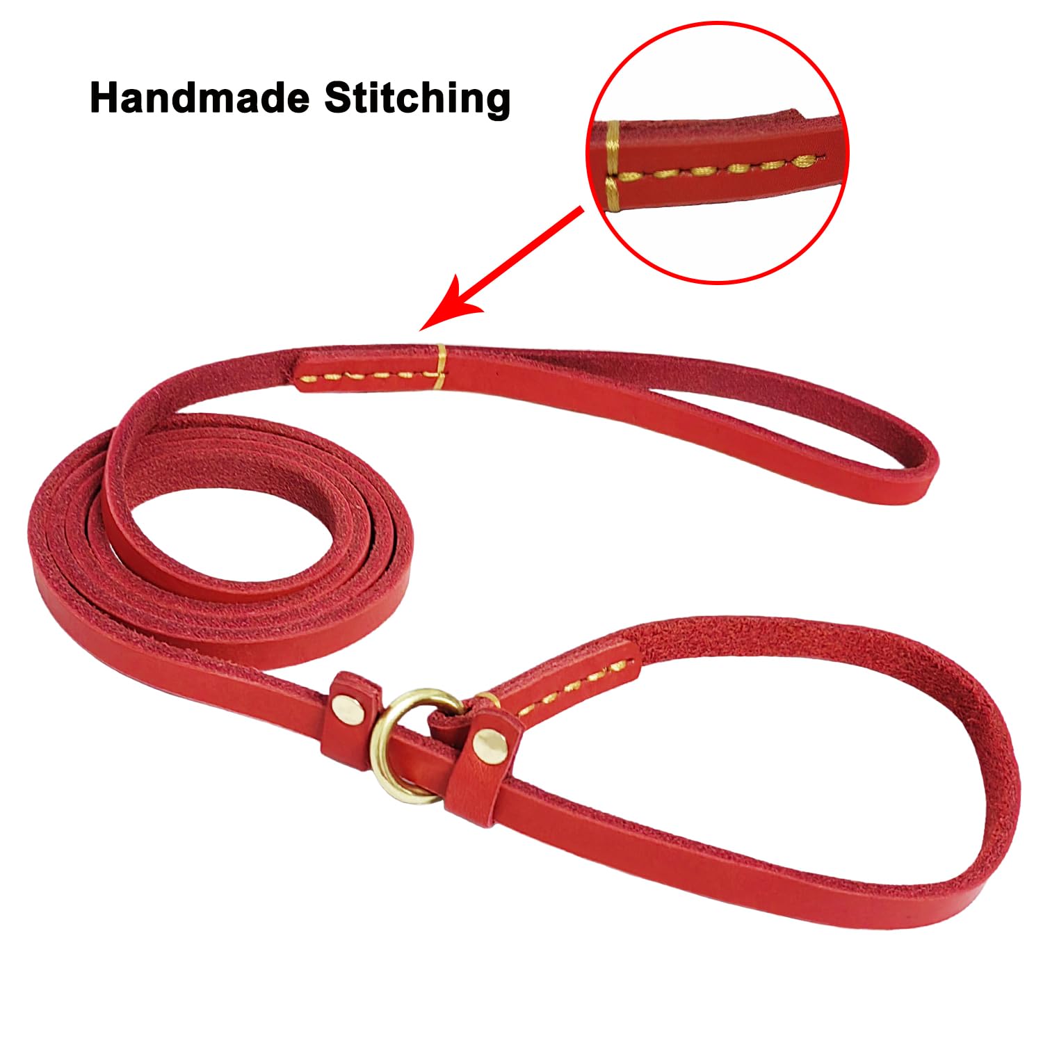 Lwbmg 5.6Ft Real Leather Dog Leash, Soft Adjustable Slip Lead For Medium Large Dogs, Heavy Duty Pet Training Leash Red
